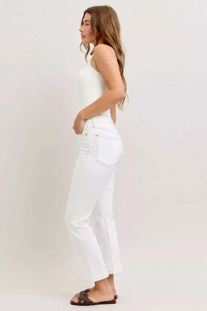 Wht Judy Blue Contrast Stitching Cropped Flare Jeans