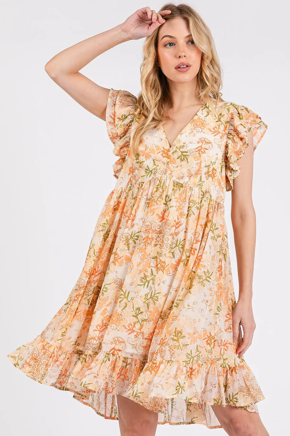 Orange Multi Mittoshop Floral Chiffon Ruffle Short Sleeve Mini Dress