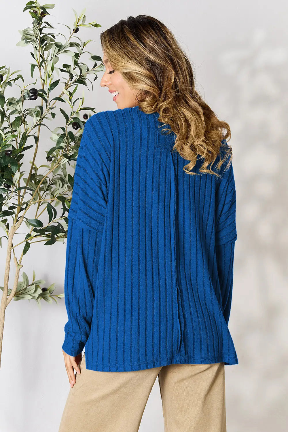 Blue Basic Bae Full Size Ribbed Round Neck Slit Knit Top