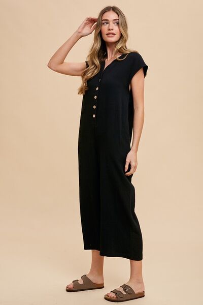Black Annie Wear Button Detail Wide Leg Jumpsuit With Pockets