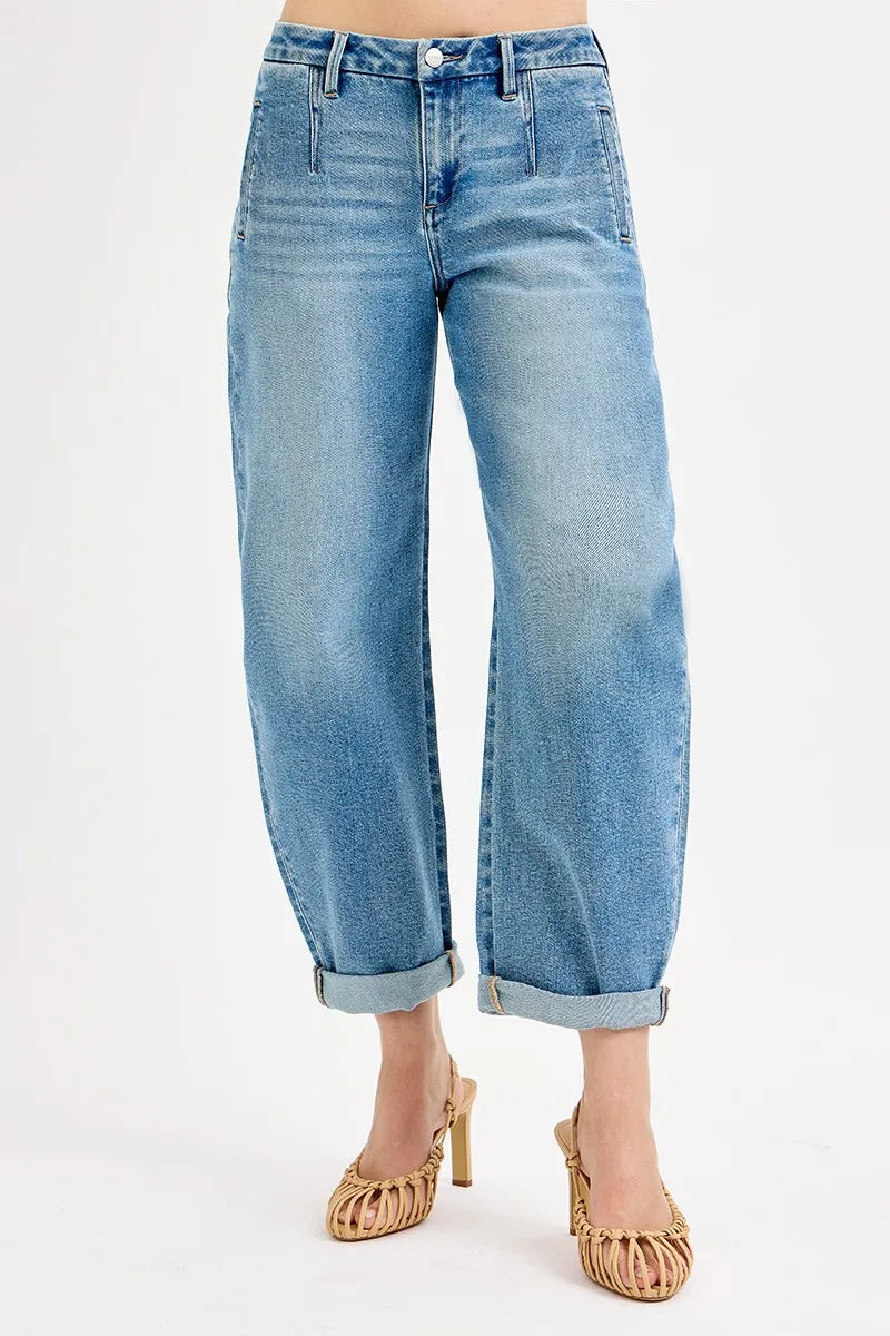 Medium Risen Full Size Mid Rise Fit Barrel Roll Up Jeans Plus Size