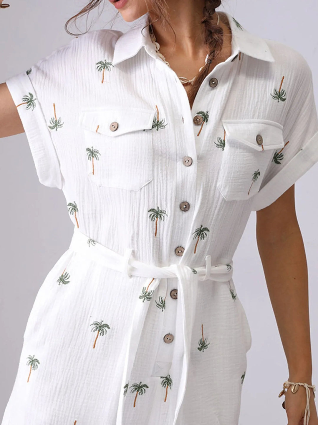Palm Tree Print Short Sleeve Button Up Romper With Belt