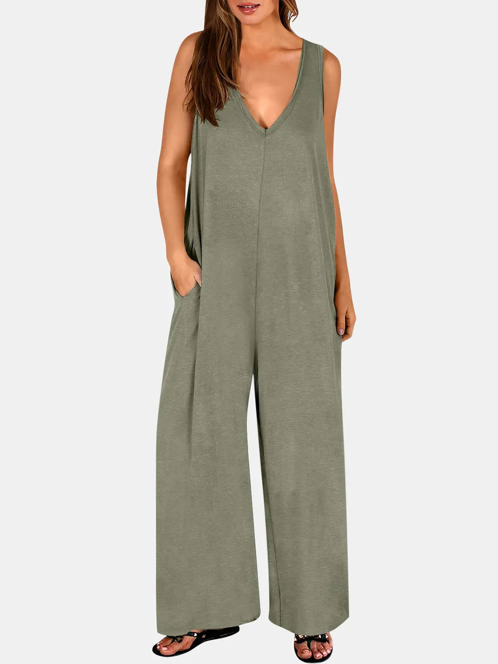 Caramel Full Size V Neck Wide Strap Jumpsuit