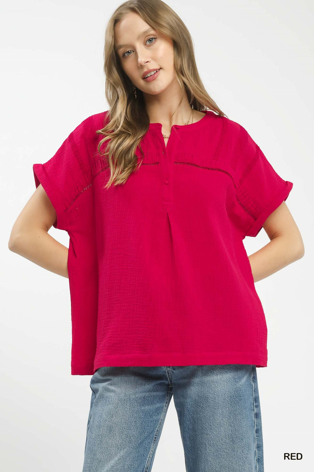Red Umgee Textured Gauze Split Neck Boho Blouse