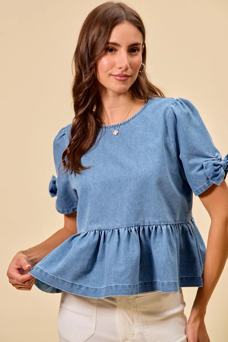 Denim So Me Denim Bow Detail Short Sleeves Peplum Top