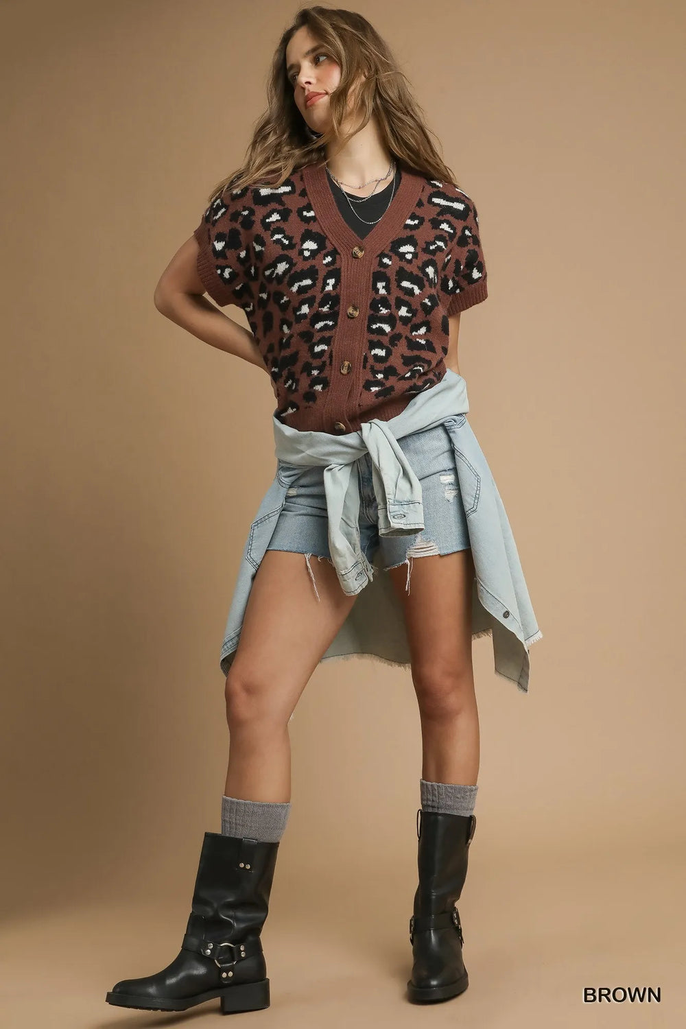Brown Umgee Leopard Button Down Short Sleeve Cardigan