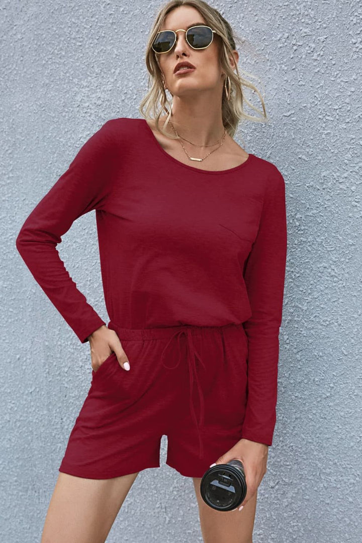 Wine Drawstring Waist Long Sleeve Romper