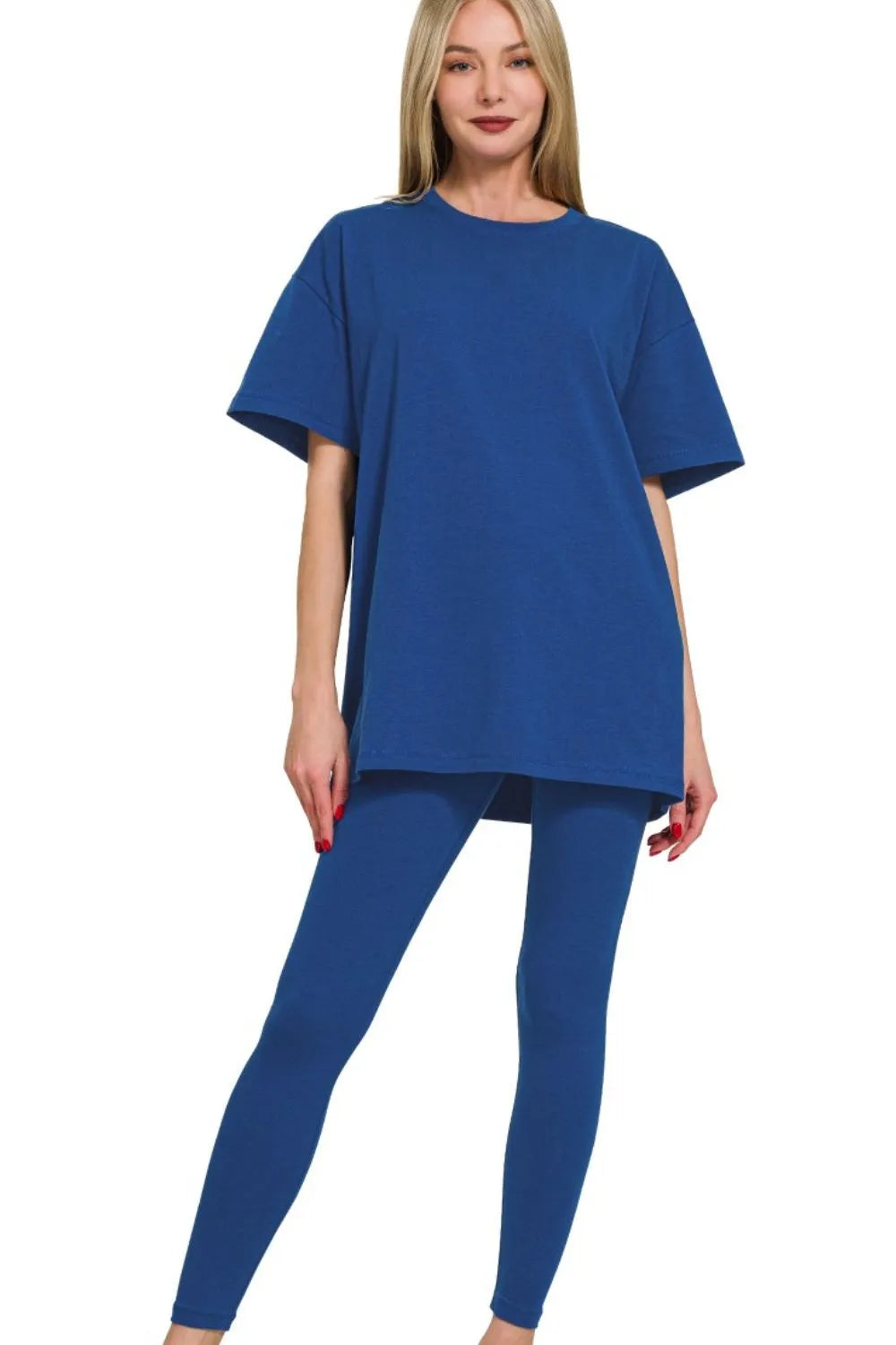 Lt Navy Zenana Cotton Round Neck Top Legging Set
