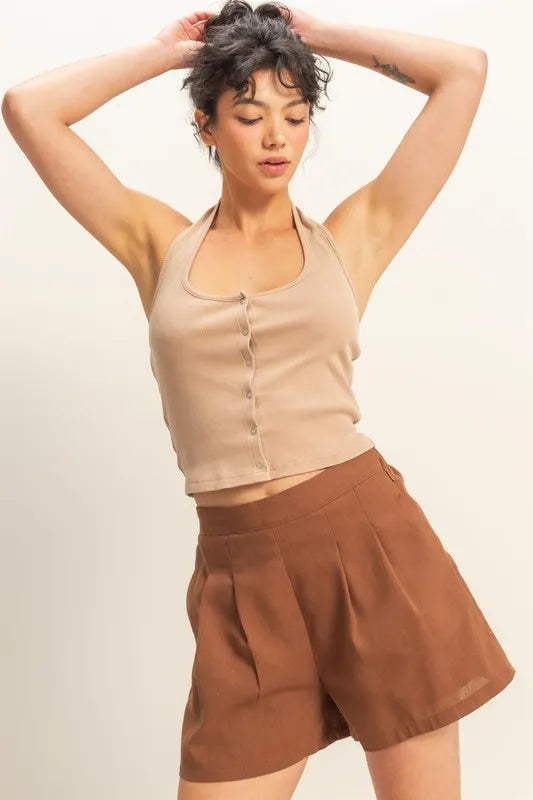 Dark Taupe Hyfve Halter Neck Buttoned Washed Top