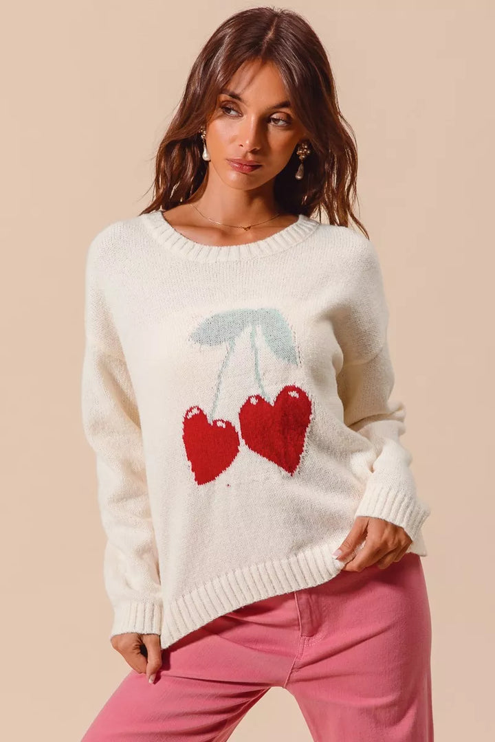 Ivory So Me Heart Cherry Knitted Valentine Sweater Top