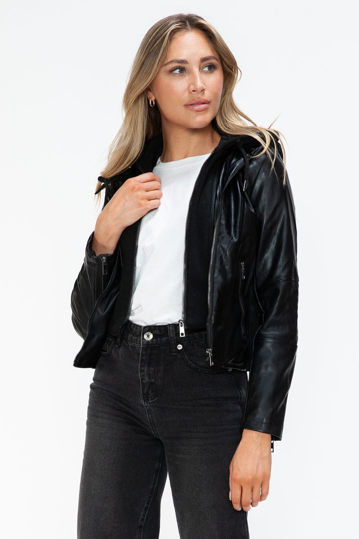 Snobbish Faux Leather Zip Up Drawstring Hooded Jacket 1