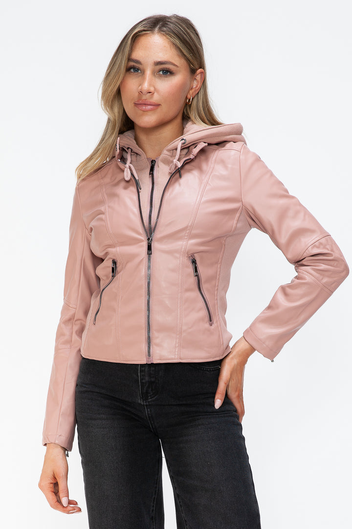 Snobbish Faux Leather Zip Up Drawstring Hooded Jacket 4