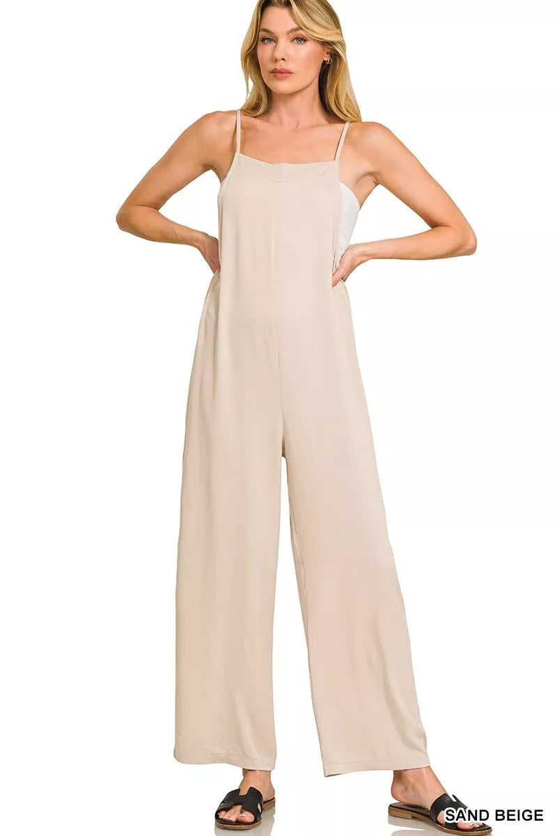 Sand Beige Zenana Rayon Woven Wide Leg Jumpsuit 2