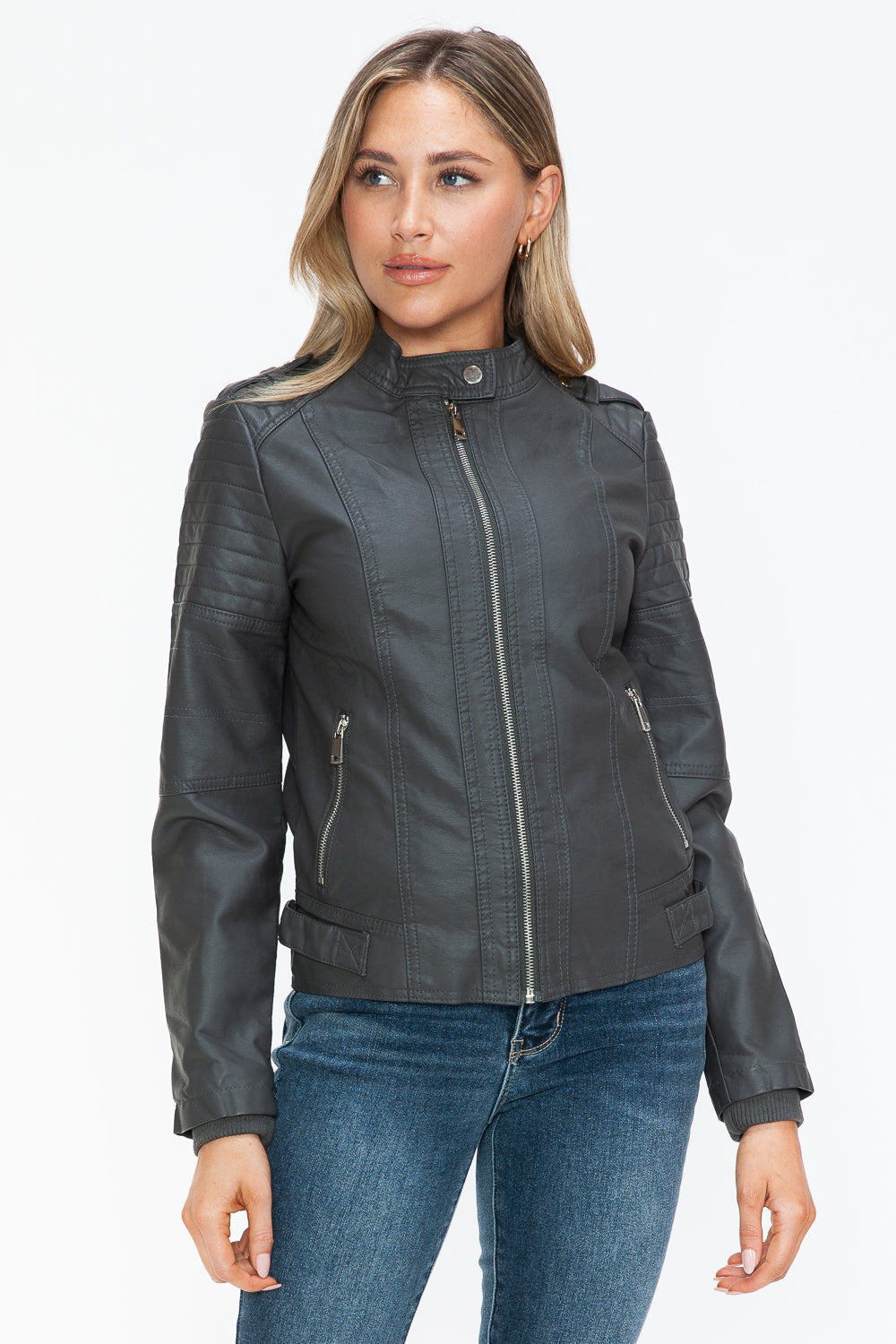 Snobbish Pu Leather Biker Jacket With Side Zip Pockets