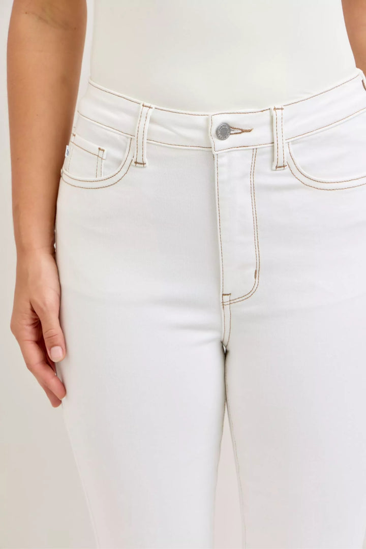 Wht Judy Blue Contrast Stitching Cropped Flare Jeans