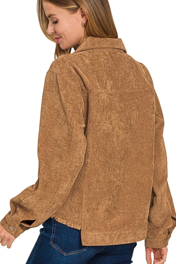 Deep Camel Zenana Distressed Corduroy Frayed Hem Cropped Jacket