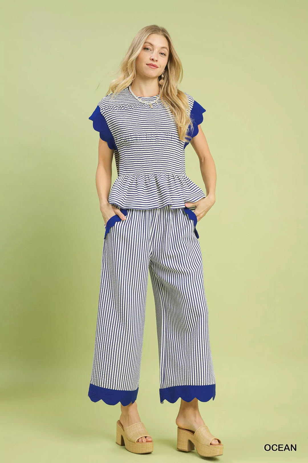 Umgee Stripe Scallop Hem Wide Leg Pants 1