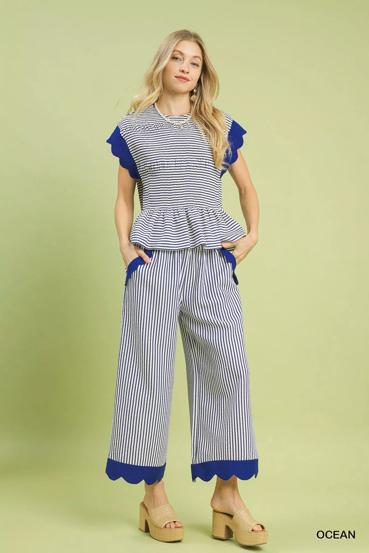 Umgee Stripe Scallop Hem Wide Leg Pants 1