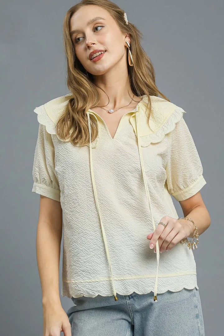 Cream Umgee Peter Pan Collar Short Sleeve Blouse