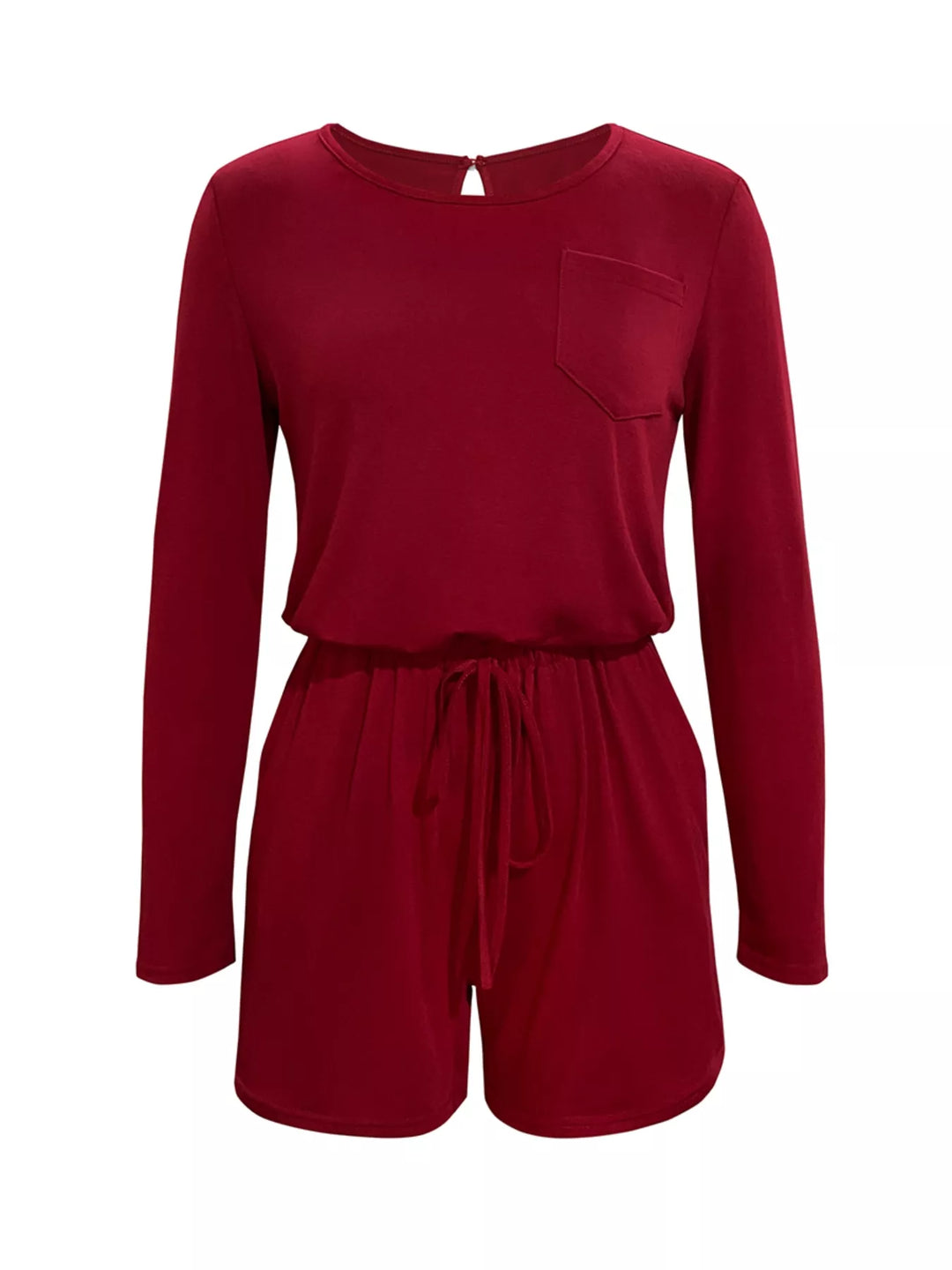 Burgundy Long Sleeve Drawstring Romper