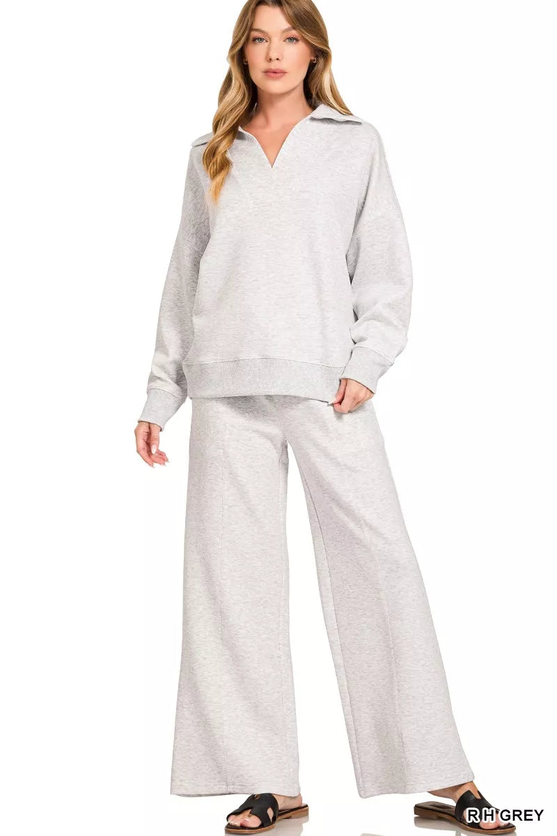 R H Grey Zenana Scuba Collared Pullover And Pants Set 3