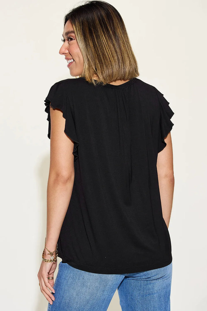 Coral Basic Bae Full Size Bamboo Notched Ruffled Short Sleeve T Shirt