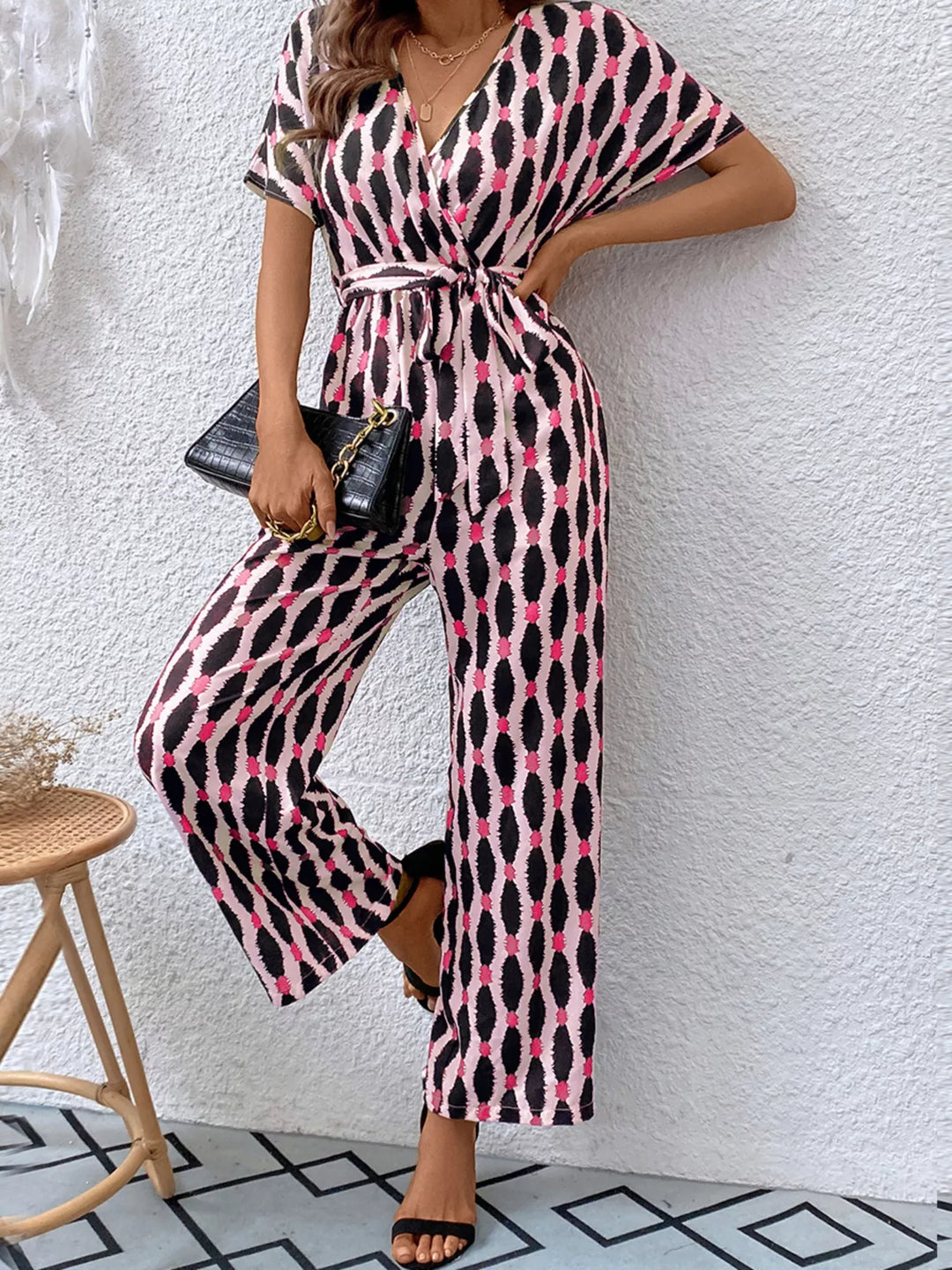 Dusty Pink Printed Surplice Tie Waist Short Sleeve Jumpsuit