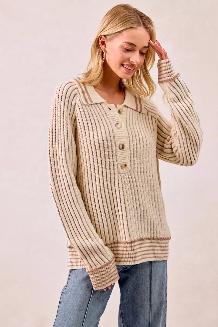 Bibi Half Button Ribbed Two Tone Sweater