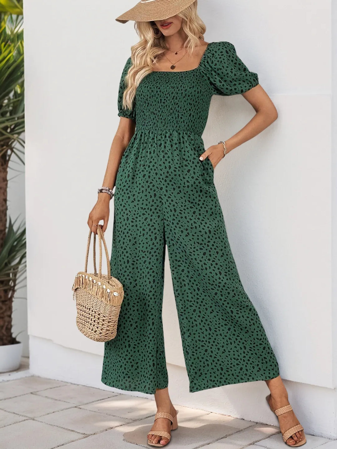 Dark Green Printed Square Neck Puff Sleeve Jumpsuit