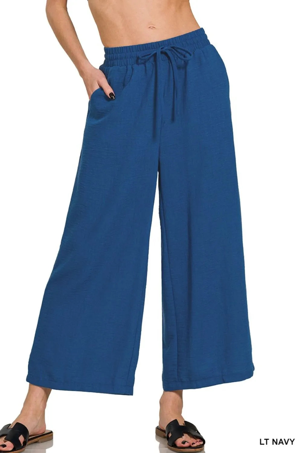 Lt Navy Zenana Woven Crepe Elastic Band Waist Cropped Pants