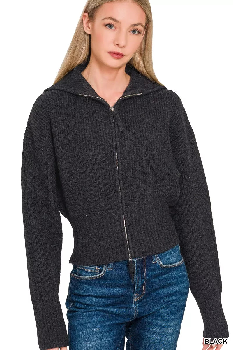 Black Zenana Ribbed Collared Zip Up Sweater Cardigan 3