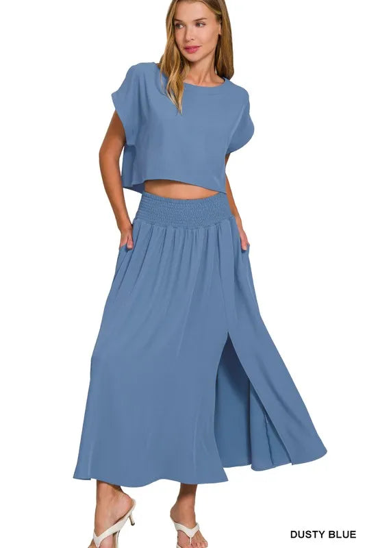 Dusty Blue Zenana Woven Crinkle Gauze Crop Tee And Skirt Set 3