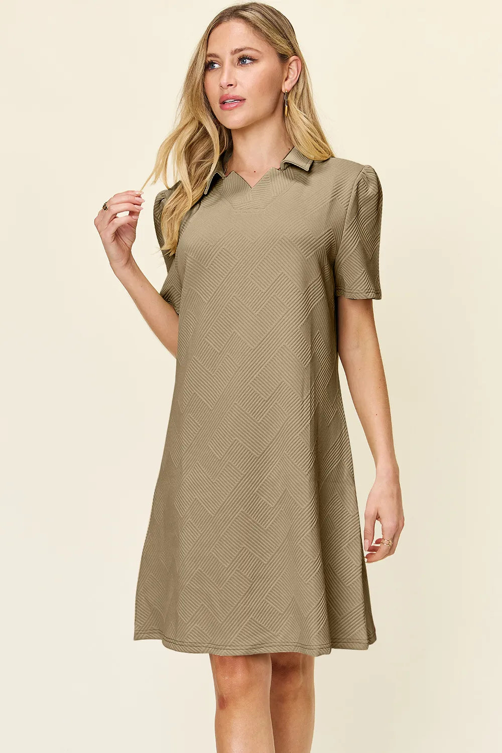 Khaki Double Take Full Size Texture Collared Neck Short Sleeve Dress