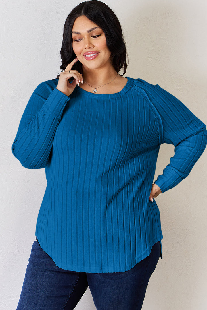 Basic Bae Full Size Ribbed Round Neck Slit T Shirt