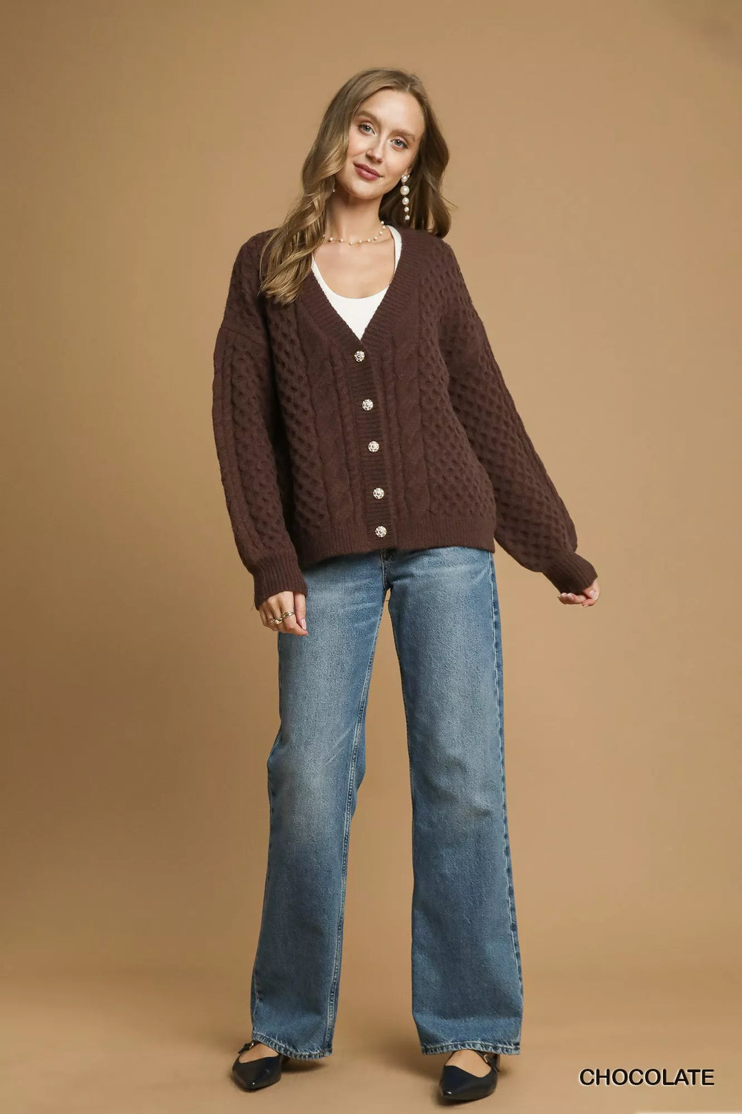 Umgee Cable Knit Pearl Button Cardigan 2