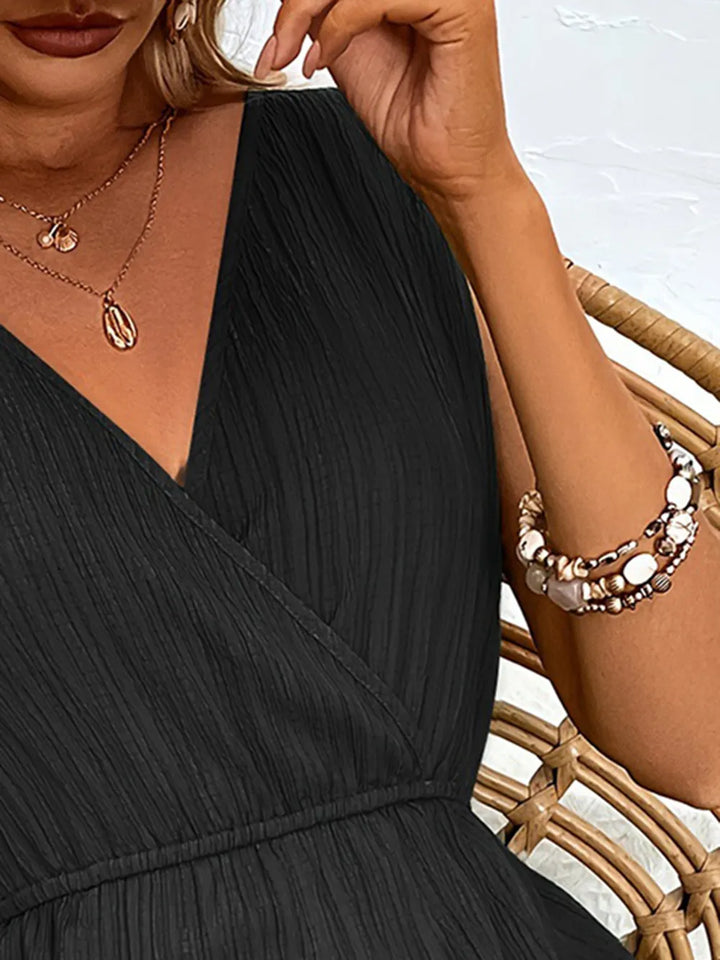 Deep Red Textured Surplice Sleeveless Romper