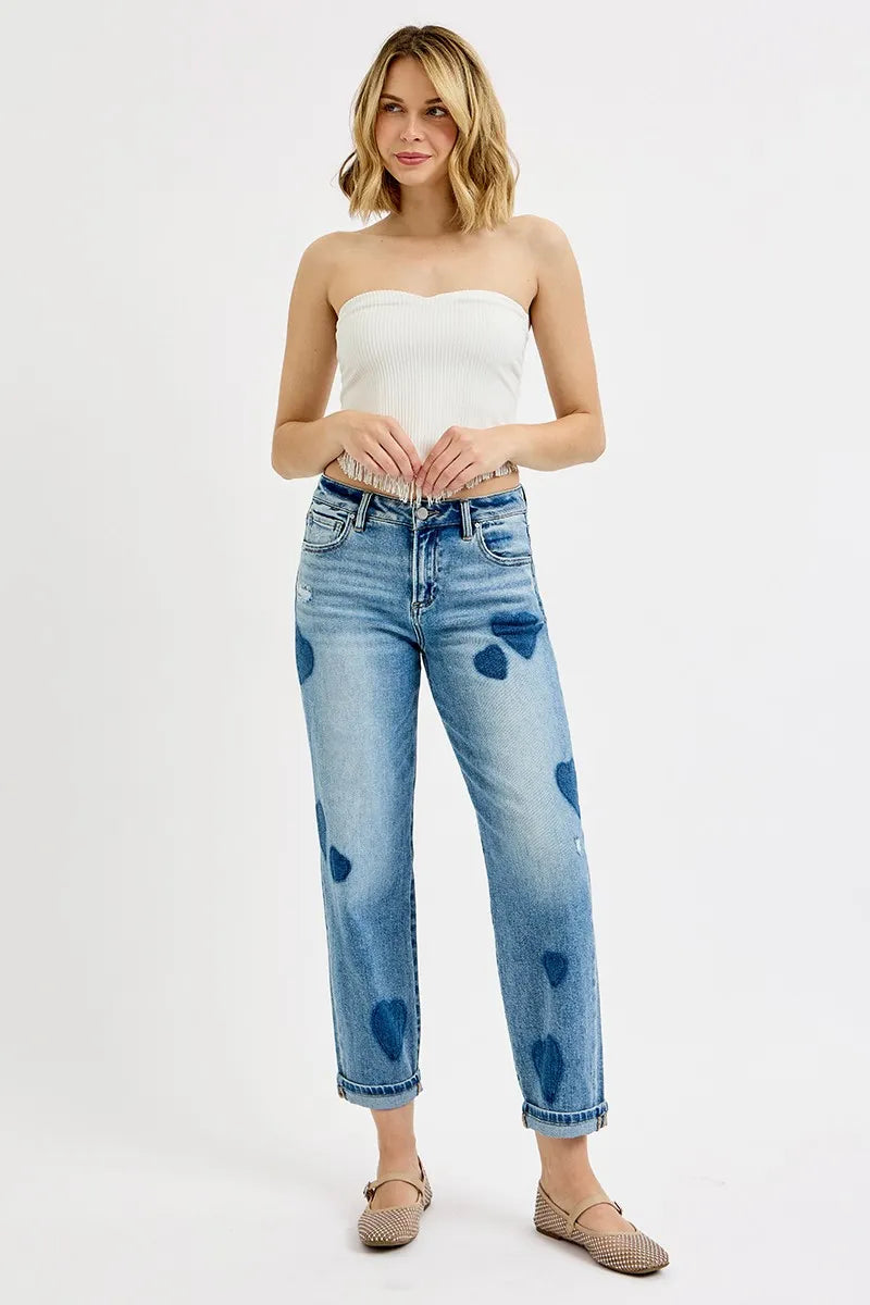 Light Risen Full Size Mid Rise Fit Boyfriend Heart Shade Jeans Plus Size