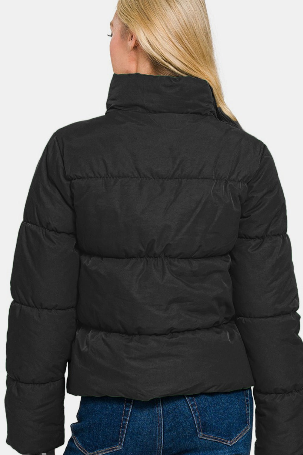 Black Zenana Zip Up Turtleneck Puffer Jacket With Pockets 1
