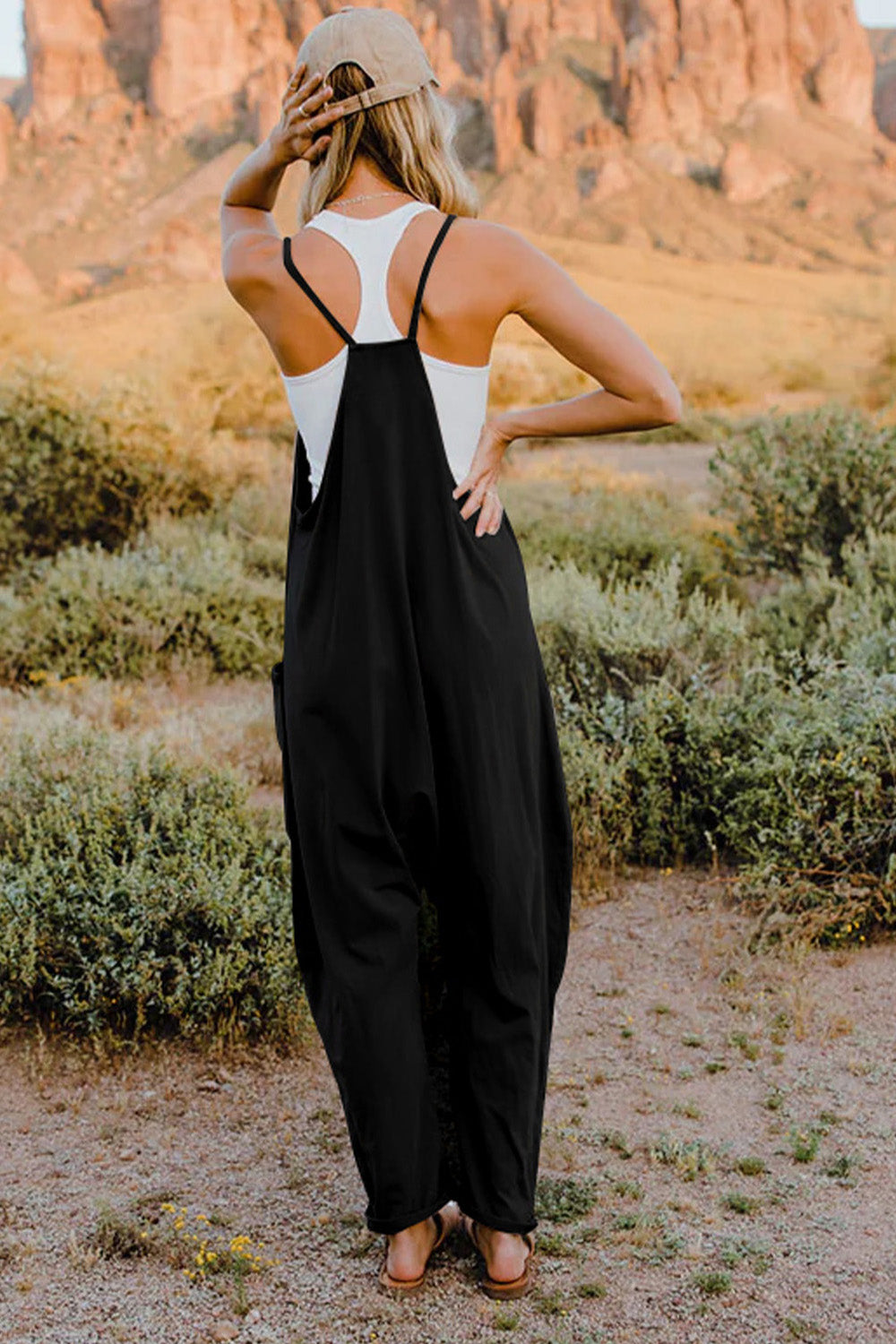 Black Double Take Full Size V Neck Sleeveless Jumpsuit With Pockets