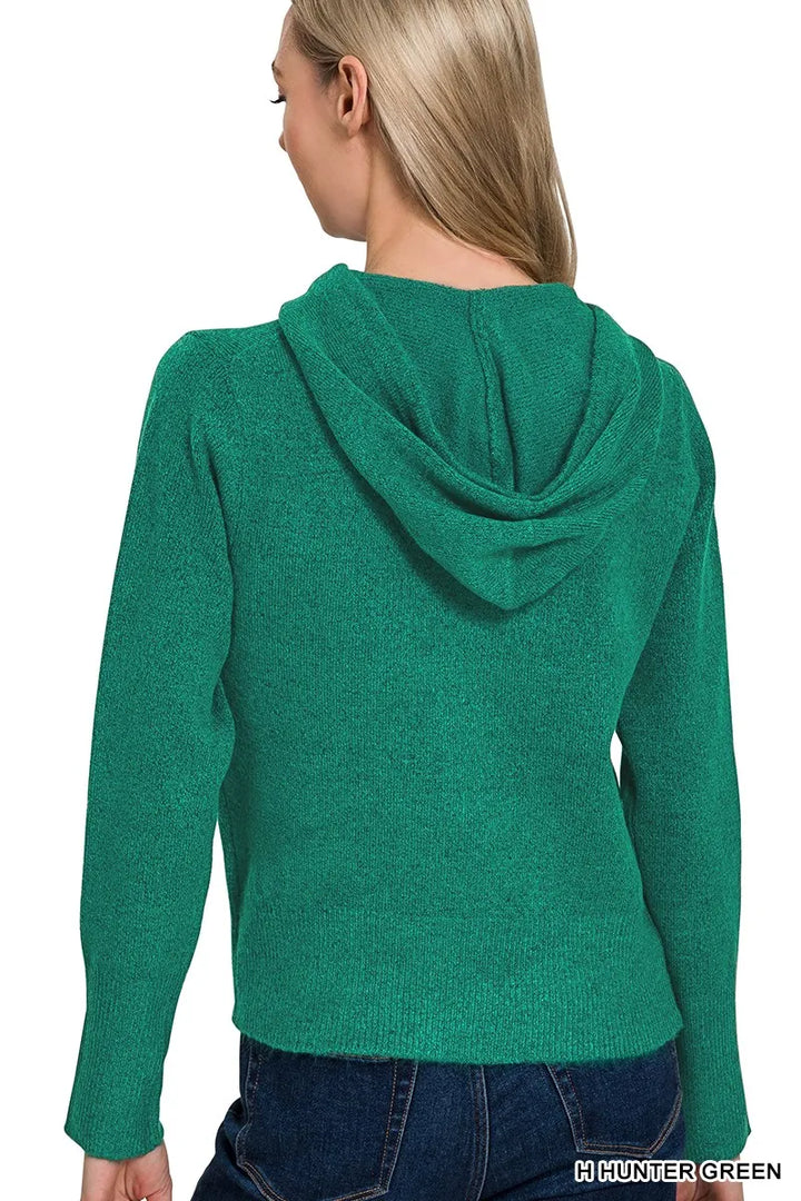 H Hunter Green Zenana Drawstring Zip Up Hooded Cardigan 2