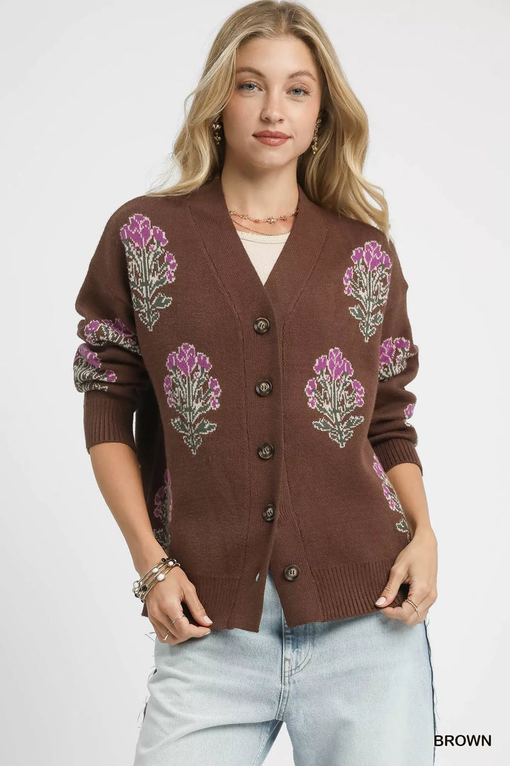 Brown Umgee Single Flower Stem Jacquard Cardigan Sweater
