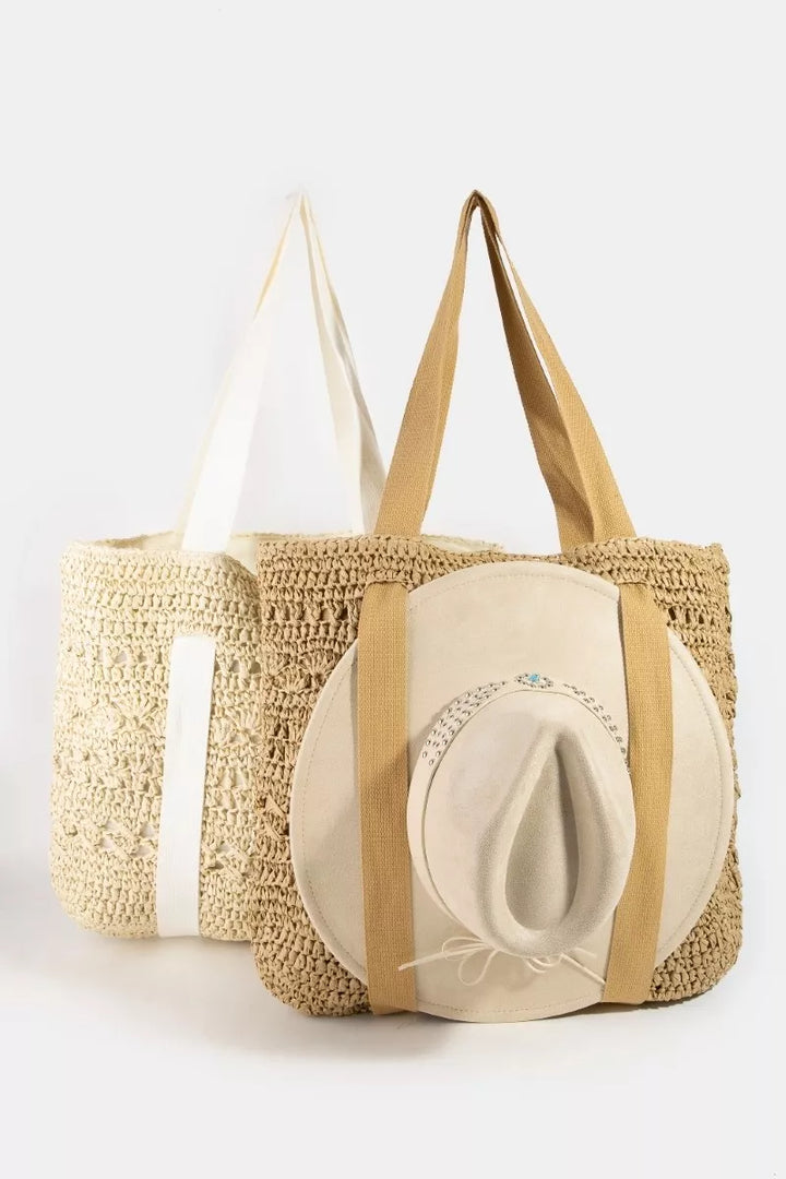 Fame Large Straw Braided Tote Bag With Hat Holder