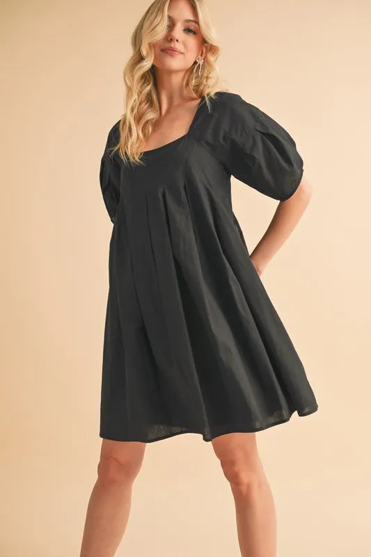 Black Aemi Co Square Neck Babydoll Dress With Pockets