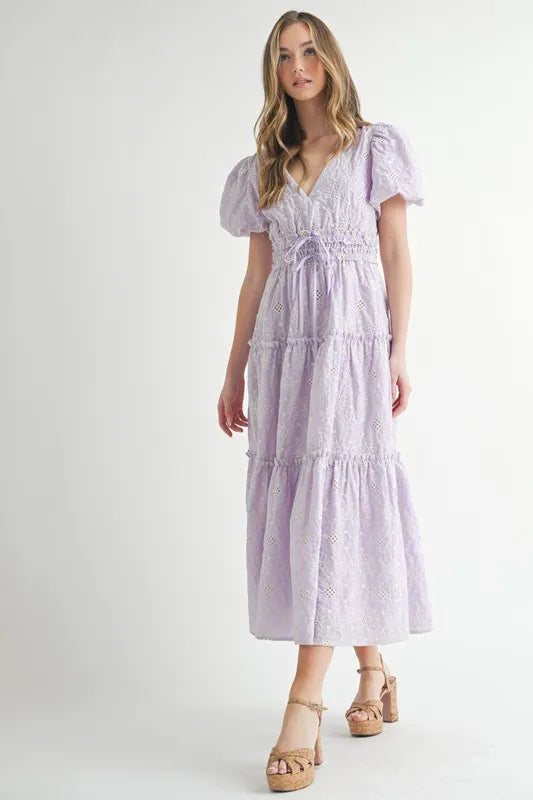 Mable Eyelet Lace Puff Sleeve V Neck Midi Dress 1