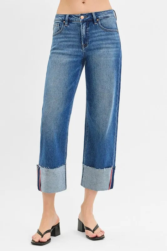 Dark Risen Full Size Tummy Control Mid Rise Crop Wide Cuffed Jeans Plus Size