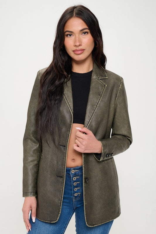 Olive Brown Coalition La Single Breasted Vegan Leather Blazer