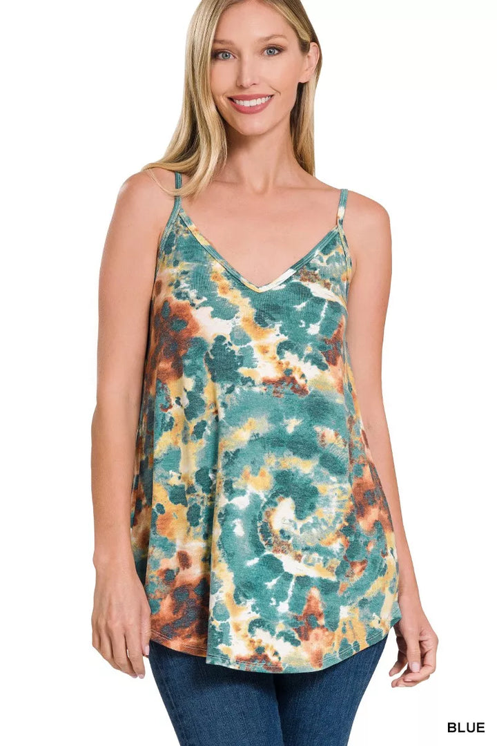 Blue Zenana Tie Dye Front Back Reversible Spaghetti Cami