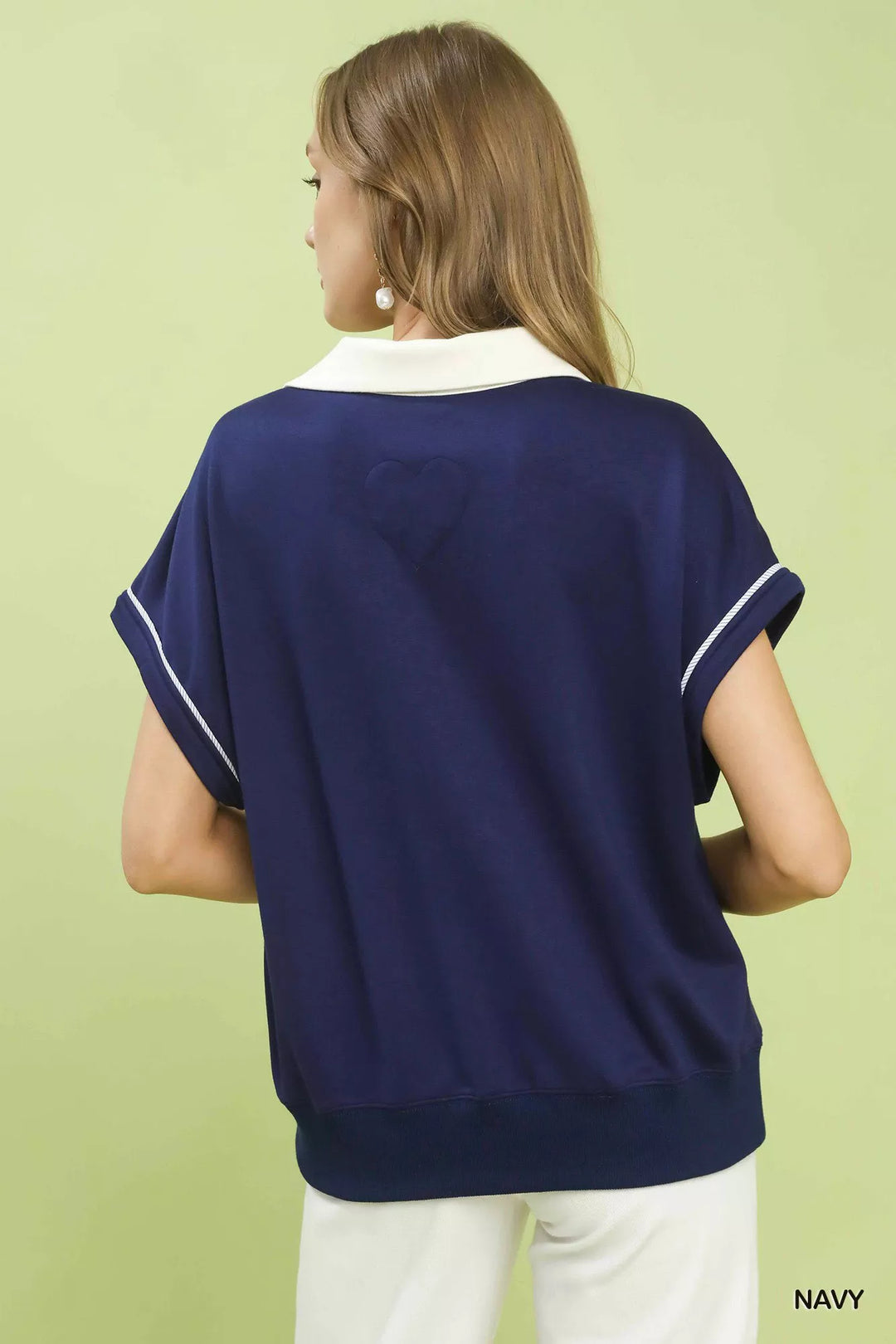 Navy Umgee Contrast Collar Soft Knit Polo Top