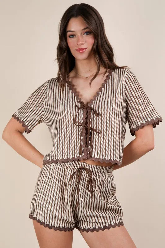 Taupe Very J Wave Trim Detail Knit Top Shorts Set