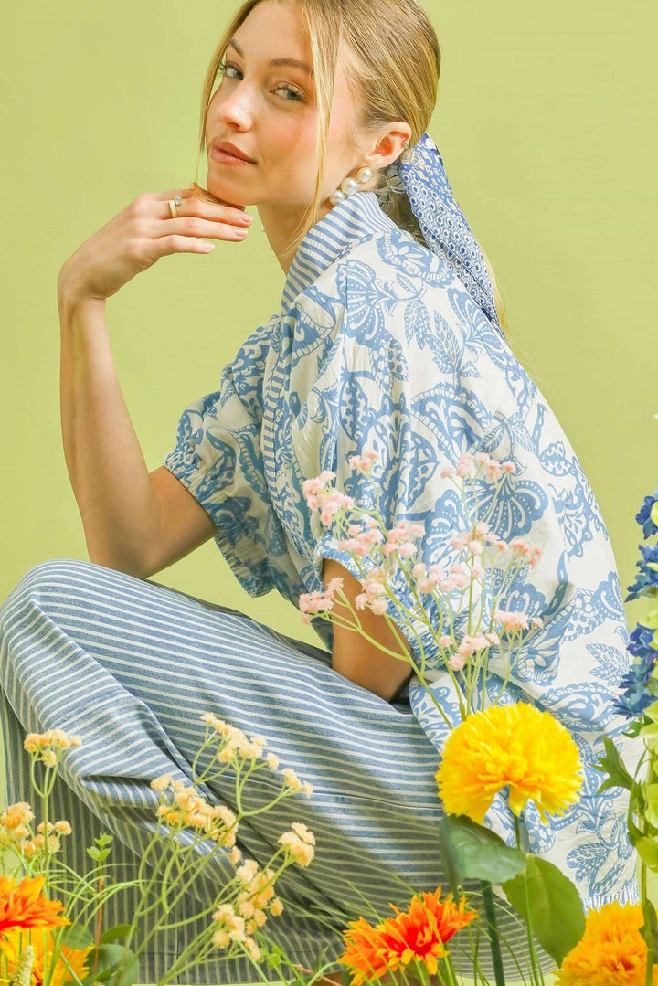 Lt. Blue Umgee Botanical Print Mixed Trim Tunic Top
